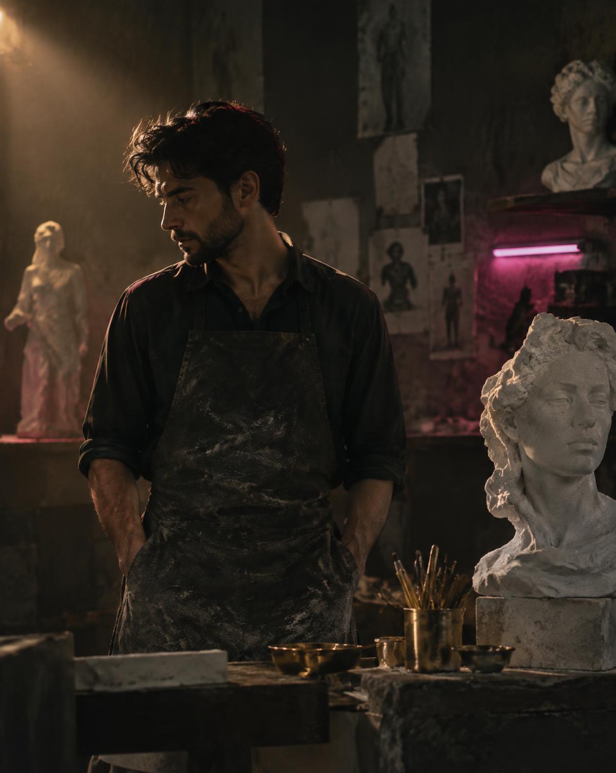 The artist in the studio beside an unfinished plaster cast